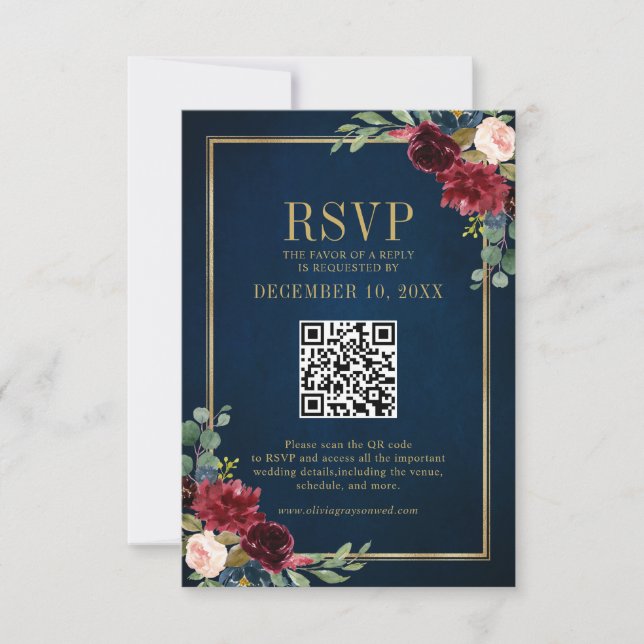 Cartão RSVP Burgundy Floral Dourado Frame Marinho Blue QR code (Frente)
