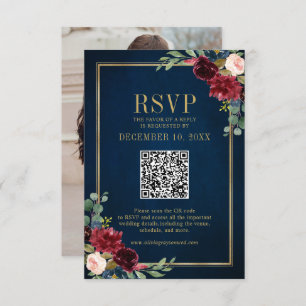 Cartão RSVP Burgundy Floral Dourado Frame Marinho Blue QR code