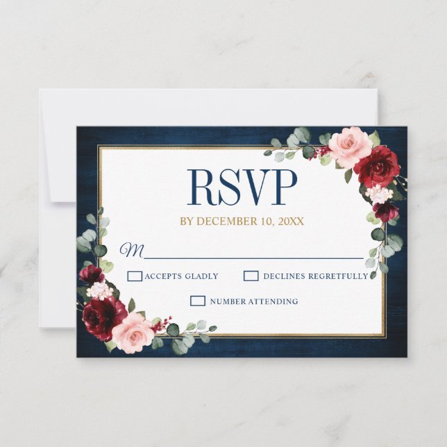 Cartão RSVP Burgundy Floral Dourado Marinho Azul Casamento Rus (Frente)