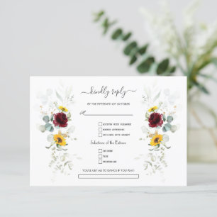 Cartão RSVP Burgundy Floral Sunflowers Airy Leaves Wedding   
