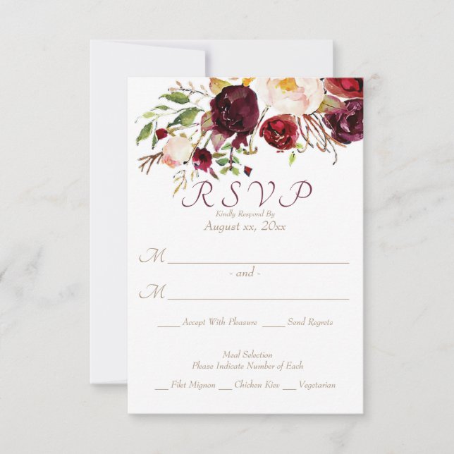 Cartão RSVP Burgundy Floral Wedding (Frente)