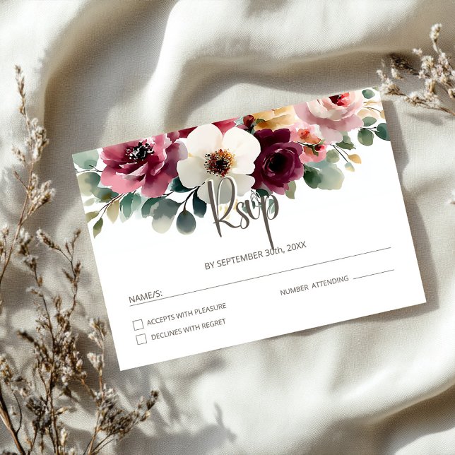 Cartão RSVP Burgundy Floral Wedding (Criador carregado)