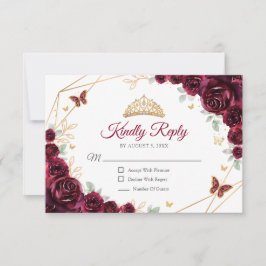Cartão RSVP Burgundy Gold Floral Quinceanera Reply