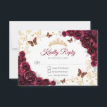 Cartão RSVP Burgundy Gold Floral Quinceanera Reply<br><div class="desc">Burgundy gold floral Quinceanera RSVP reply card. Features,  script font,  gold butterflies,  watercolor roses and tiara. Perfect for an elegant princess style glam celebration. Personalize with your own details.</div>