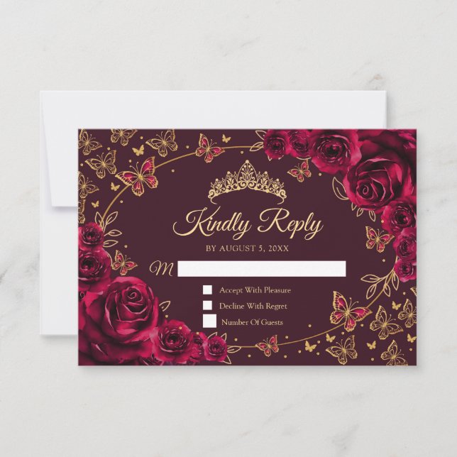 Cartão RSVP Burgundy Gold Quinceanera Reply (Frente)