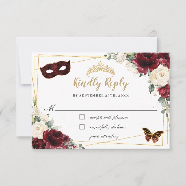 Cartão RSVP Burgundy Ivory Floral Quinceañera Butterflies Mask (Frente)