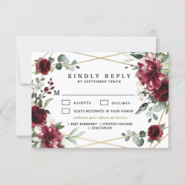 Cartão RSVP Burgundy Meal Choice Blush Casamento Verde Dourado