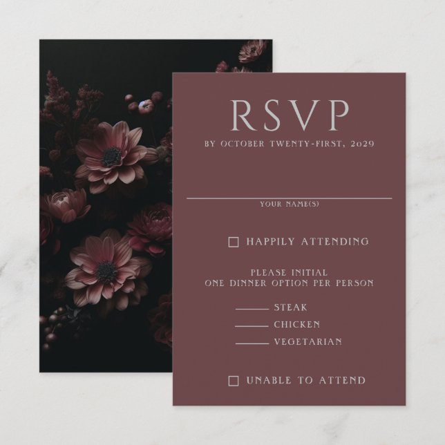 Cartão RSVP Burgundy Moody Floral (Frente/Verso)
