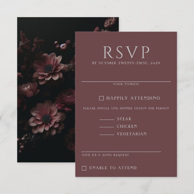 Cartão RSVP Burgundy Moody Floral (Frente/Verso)