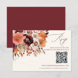 Cartão RSVP Burgundy Orange Floral Casamento outono QR CODE