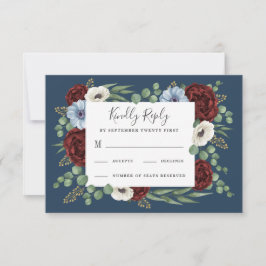 Cartão RSVP Burgundy Peony Dusty Anemone Azul Casamento Floral