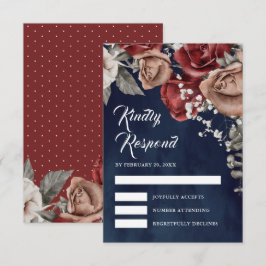 Cartão RSVP Burgundy Red Roses Floral Navy Blue Wedding