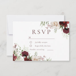 Cartão RSVP Burgundy Red & White Flowers Elegant Wedding