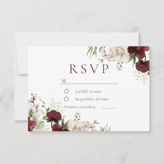 Cartão RSVP Burgundy Red & White Flowers Elegant Wedding