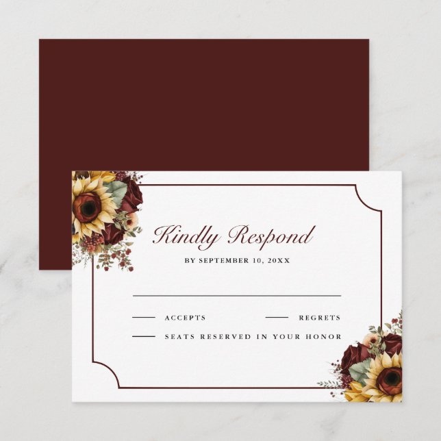 Cartão RSVP Burgundy Roses Sunflowers Wedding (Frente/Verso)