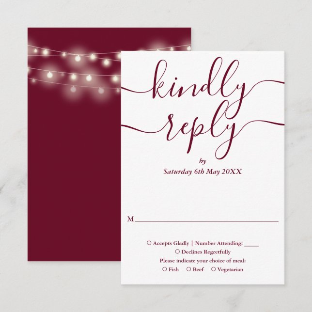 Cartão RSVP Burgundy Script String Luzes Casamento (Frente/Verso)