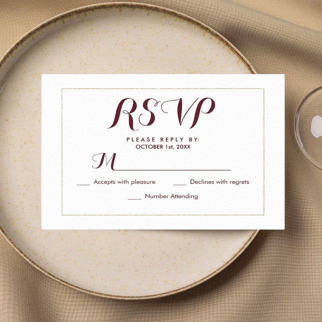 Cartão RSVP Burgundy simples, elegante, de ouro branco (Simple elegant white gold burgundy RSVP )