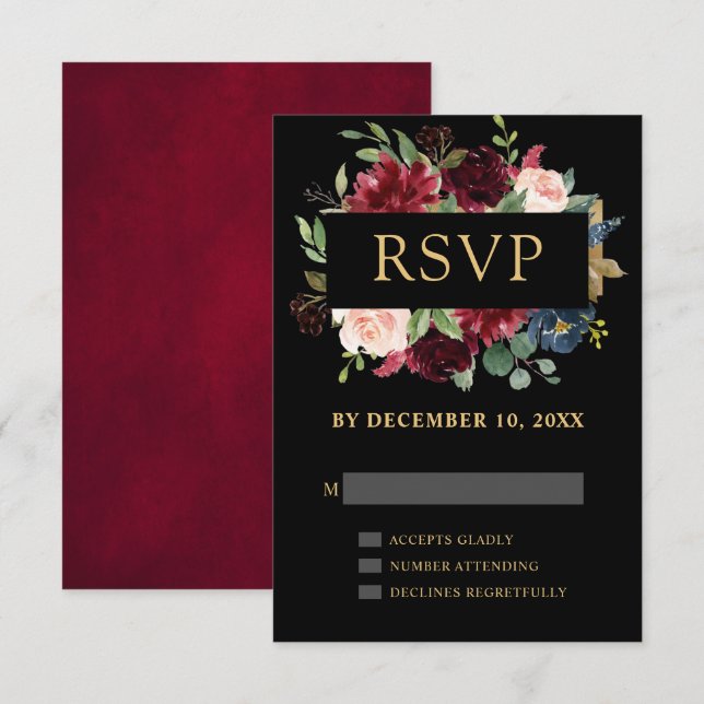 Cartão RSVP Burgundy Vermelho Azul Marinho Floral Boho Casamen (Frente/Verso)