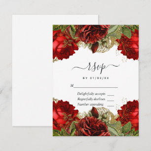 Cartão RSVP Burgundy Vermelho e Dourado Rosas Antigas Quinceañ