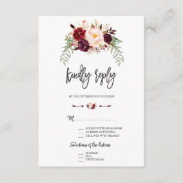 Cartão RSVP Burgundy Vermelho Marsala Floral Lettering à Mão R