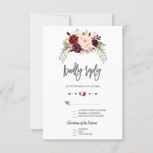 Cartão RSVP Burgundy Vermelho Marsala Floral Lettering à Mão R