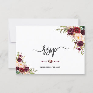 Cartão RSVP Burgundy Vermelho Marsala Floral Lettering Manual 