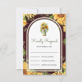 Cartão RSVP Burgundy Wood Sunflowers Mason Jar Arch Wedding
