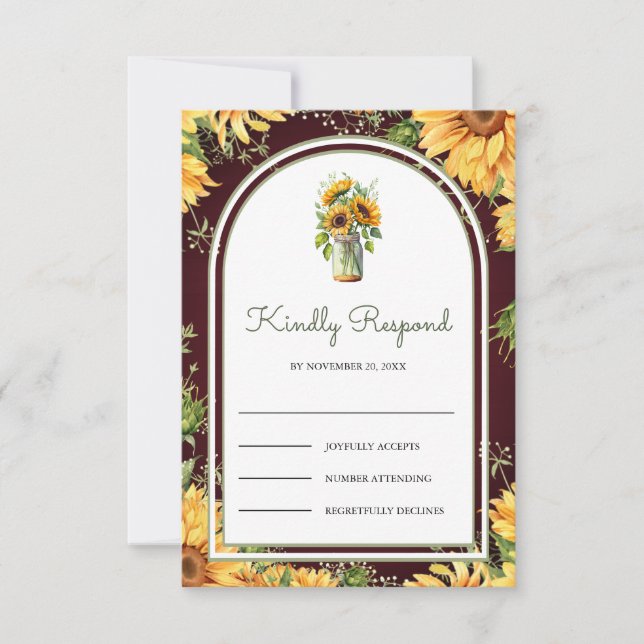 Cartão RSVP Burgundy Wood Sunflowers Mason Jar Arch Wedding (Frente)