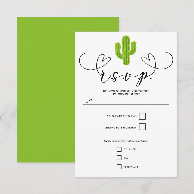Cartão RSVP Cacto Coração Amarelo Festa Amor Casamento Respond (Frente/Verso)