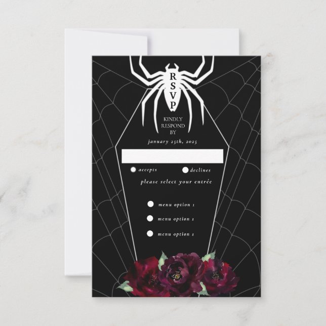 Cartão RSVP Caixão de Teia de Aranha Gótica Preto Branco Verme (Frente)