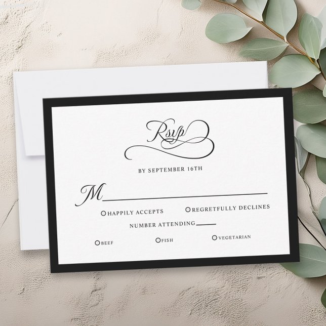 Cartão RSVP Caligrafia Branca Negra de Invólucro Elegante (Elegant Wedding Enclosure Black White Calligraphy RSVP Card)