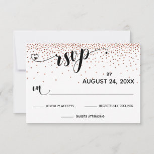 Cartão RSVP Caligrafia com Corações, Confetti Metálico de Cobr
