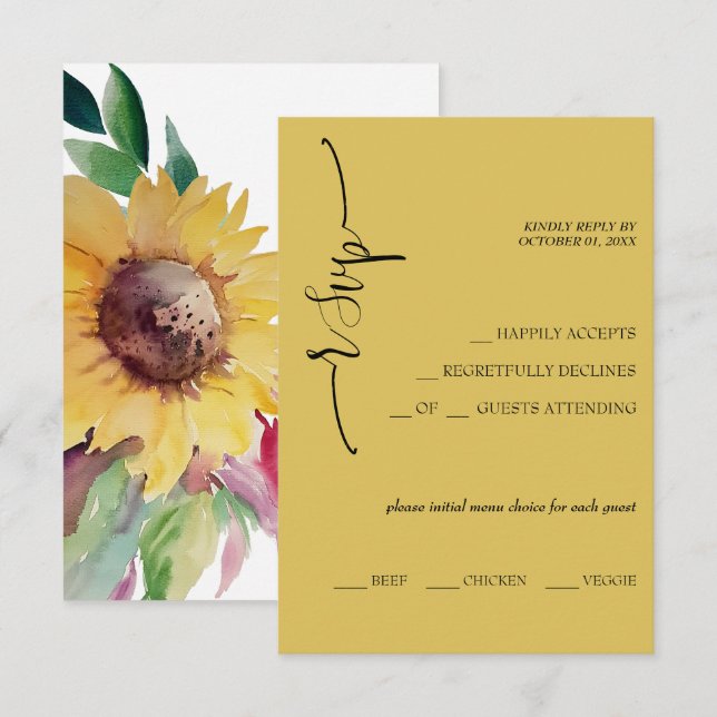 Cartão RSVP Caligrafia de girassol de mostarda elegante (Frente/Verso)