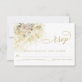 Cartão RSVP Caligrafia dourada floral romântica rosa suave