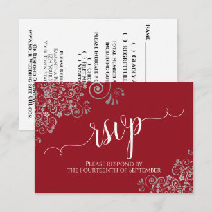Cartão RSVP Caligrafia Elegante Vermelha com Enfeites Prateado