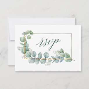 Cartão RSVP Caligrafia Eucalyptus Green Wedding Frame Dourado