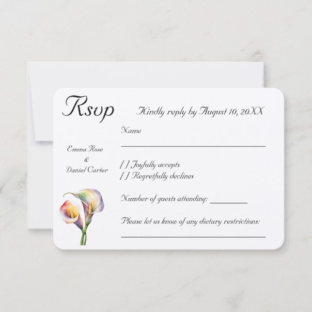 Cartão RSVP Calla Aquarela Elegante Lírios Românticos (Frente)