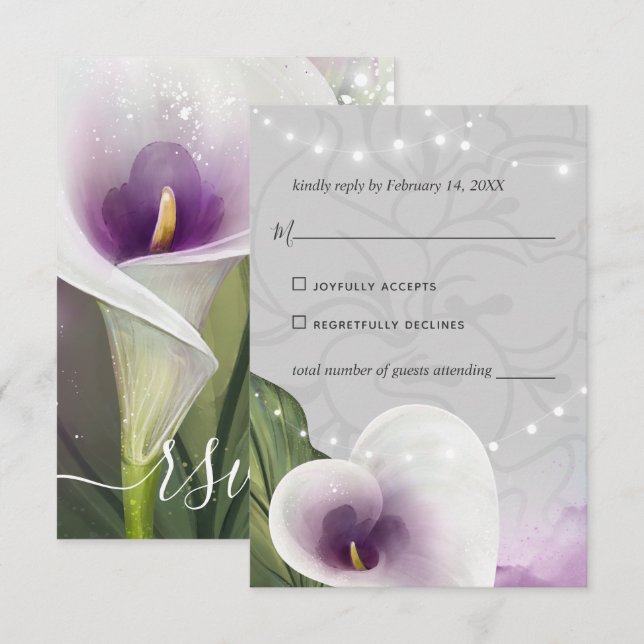 Cartão RSVP Calla branca e roxa Lily Elegante Watercolor (Frente/Verso)