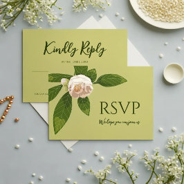 Cartão RSVP Camélia e Verde Simples Elegante