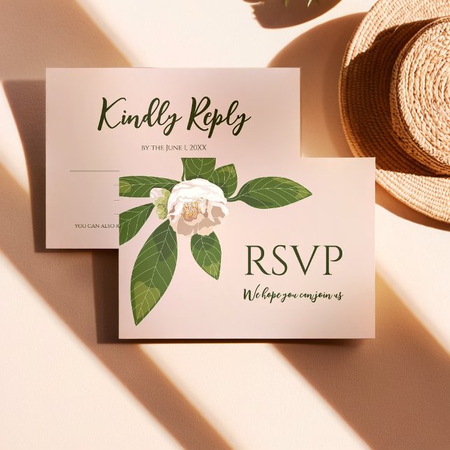 Cartão RSVP Camellia e Greenery Simple Elegante (Camellia and Greenery Simple Elegant Save the Date RSVP Card)