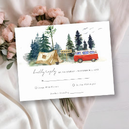 Cartão RSVP Camping Watercolor Pine Forest Detalhes do Casamen