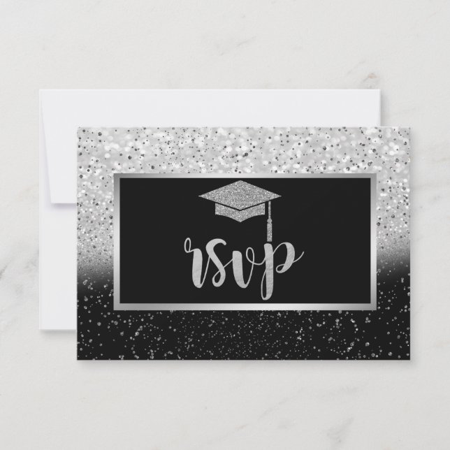 Cartão RSVP Capa de Graduado Brilhante Prata, Festa de Formatu (Frente)