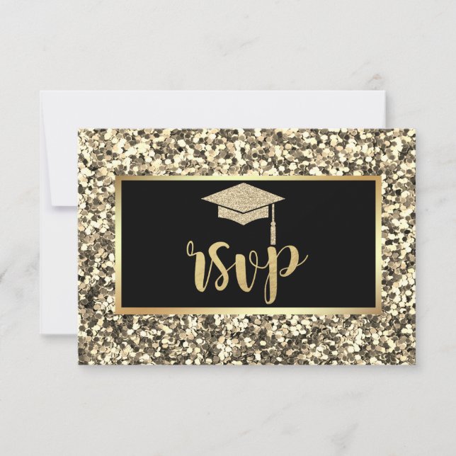 Cartão RSVP Capa de Gradução com Purpurina Dourada, Festa de F (Frente)