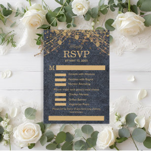 Cartão RSVP Cardápio de Casamento Azul Naval Dourado Glam Rúst