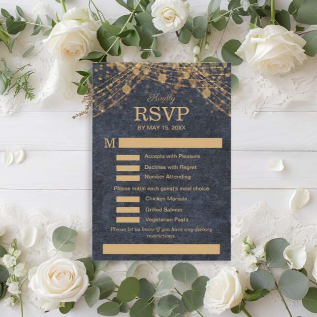 Cartão RSVP Cardápio de Casamento Azul Naval Dourado Glam Rúst (Rustic glam blue gold string lights wedding RSVP/meal choice card)