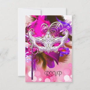 Cartão RSVP Carnaval cor-de-rosa roxo do preto da máscara da