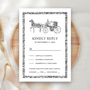 Cartão RSVP Carruagem de Princesa Conto de Fadas Prata Casamen