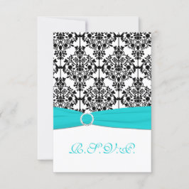 Cartão RSVP Cartão-resposta em Damasco Aqua, Branco e Preto 2