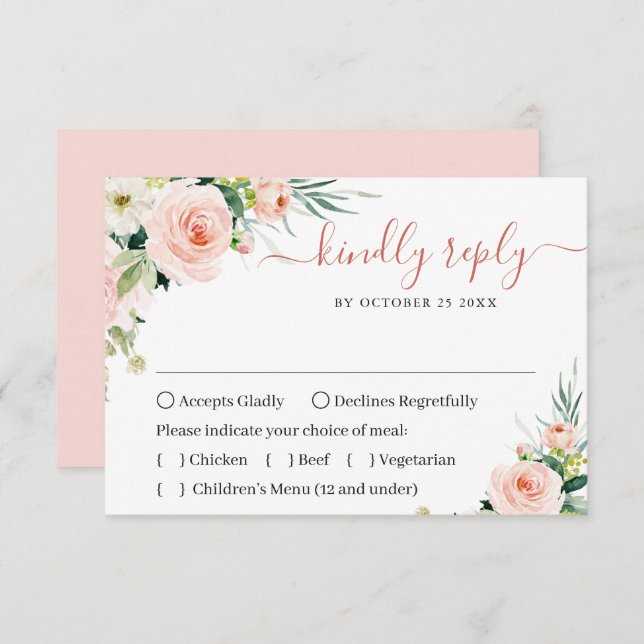 Cartão RSVP CASA DE MESA CHOICE Pink Blush Flowers Greenery We (Frente/Verso)