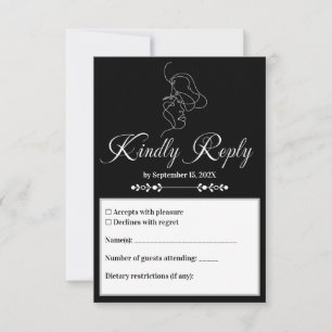 Cartão RSVP Casal Artístico Chic de Casamento Negro e Branco d